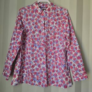 Talbots Pink and Blue Floral Blouse With Button-Front Placket